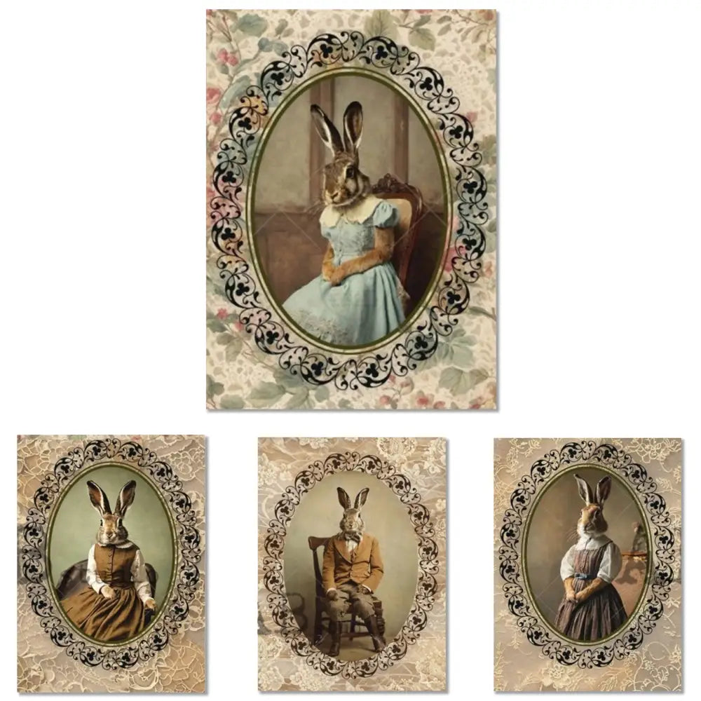 A4 rice papers against a white background feature 4 scenes of sophisticated bunny portraits in oval frames against an earth-toned wallpaper style background.