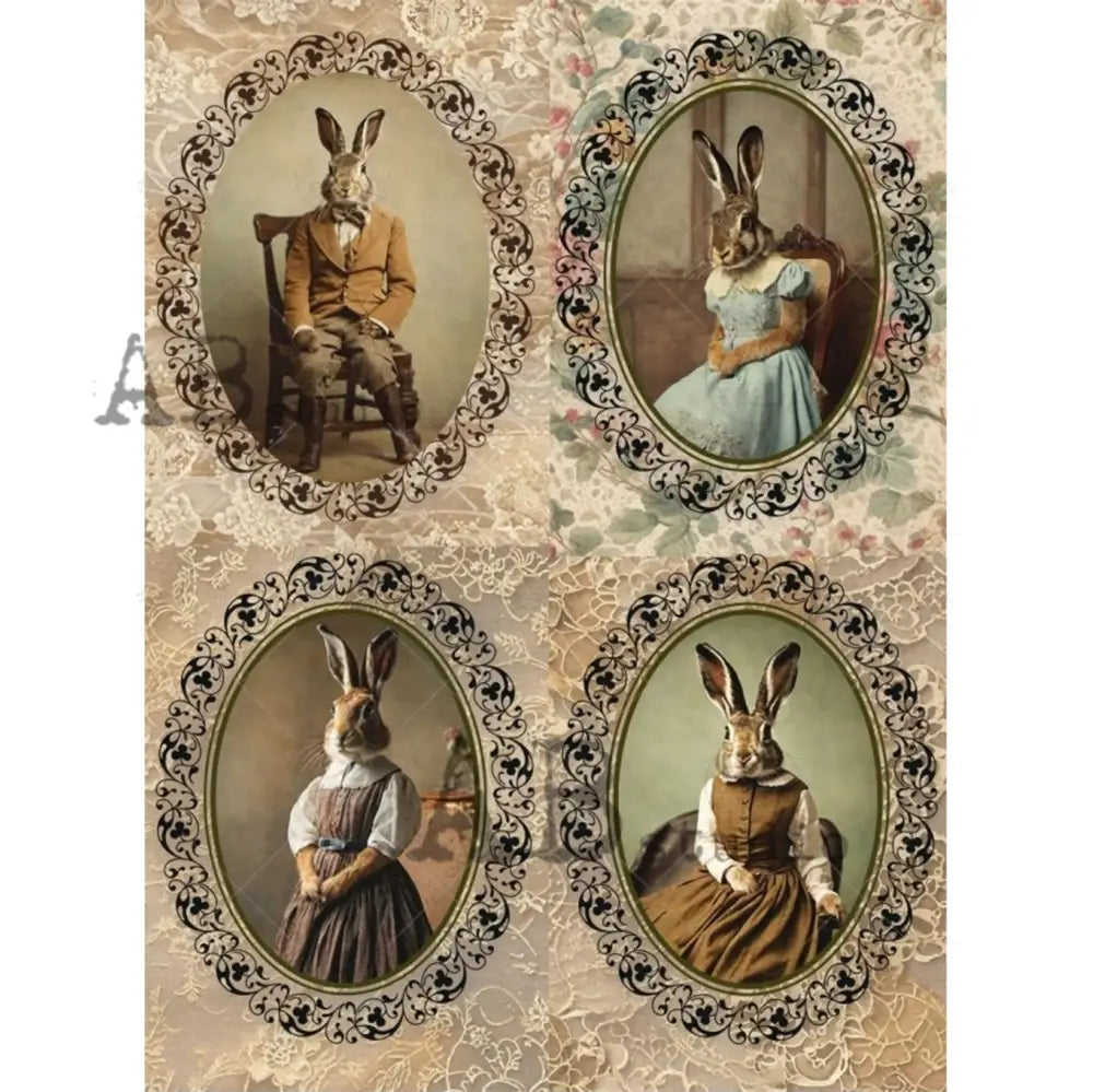 A4 rice paper featuring 4 scenes of sophisticated bunny portraits in oval frames against an earth-toned wallpaper style background. White borders are on the sides.