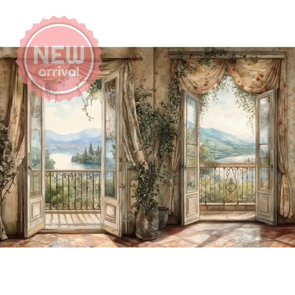 Rice paper featuring 2 scenes of balcony French doors and curtains drawn open with views of country landscapes. White borders are on the sides.