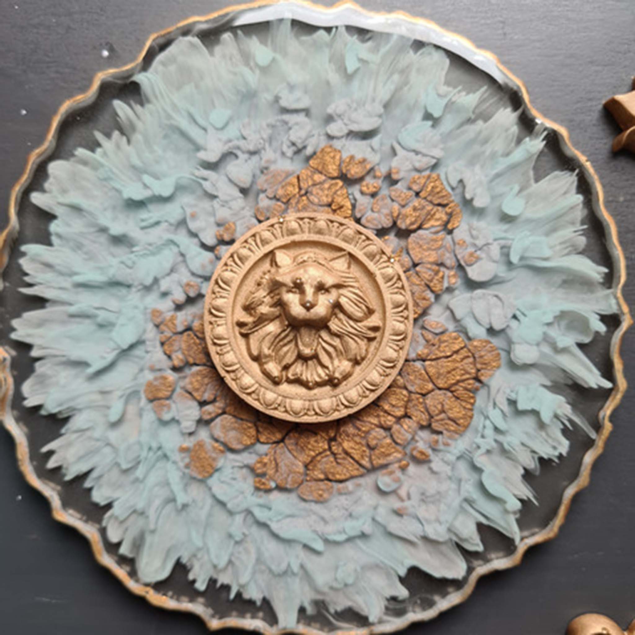 A resin coasted features a sandy gold colored casting of a lion medallion created from Dadarkar Art's Ancient Emblems silicone mold.