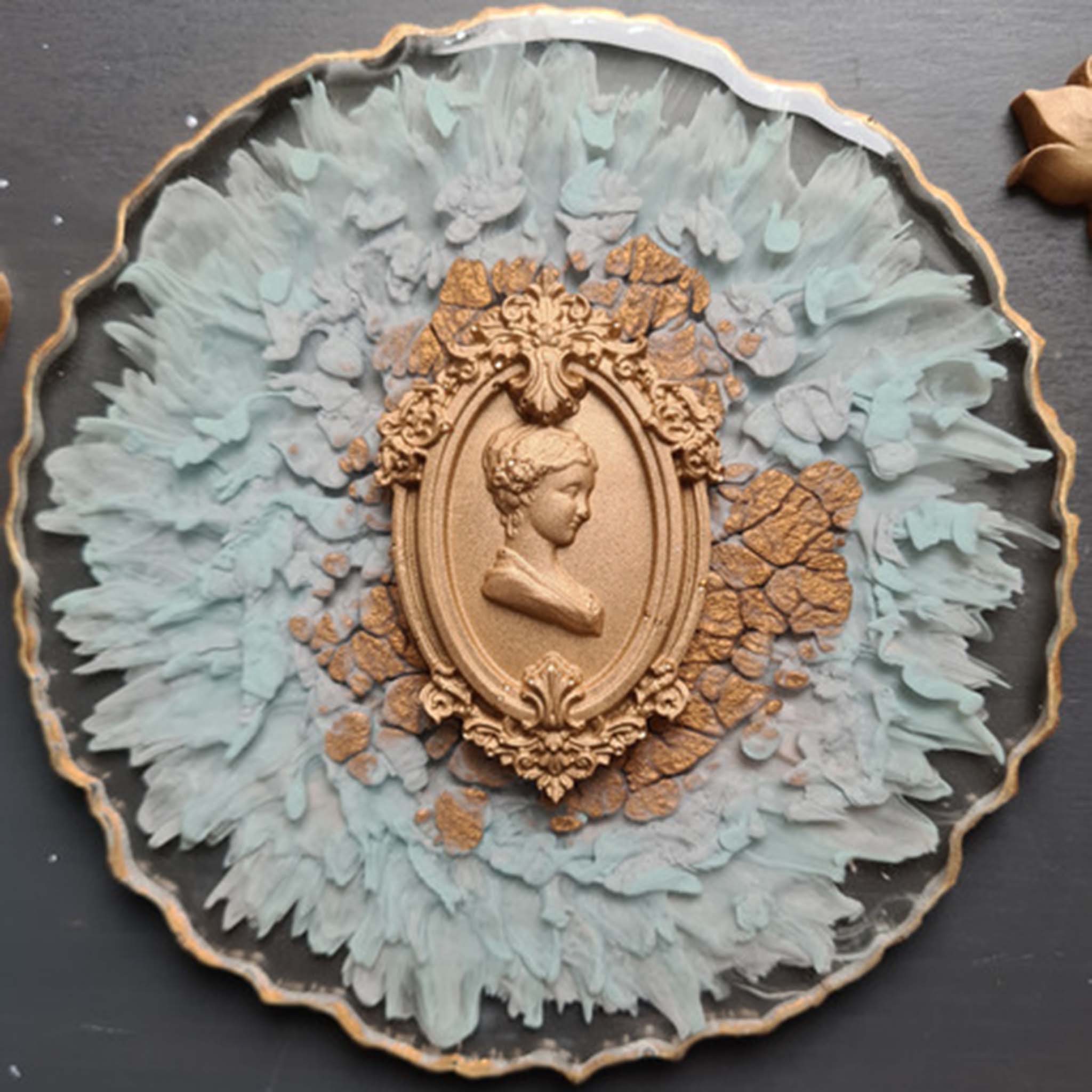 A resin coasted features a sandy gold colored casting of a cameo medallion created from Dadarkar Art's Ancient Emblems silicone mold.