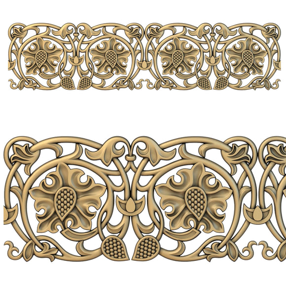 A normal and close-up gold colored rendering of a casting of Dadarkar Art's Verena Edge silicone mold area against a white background.