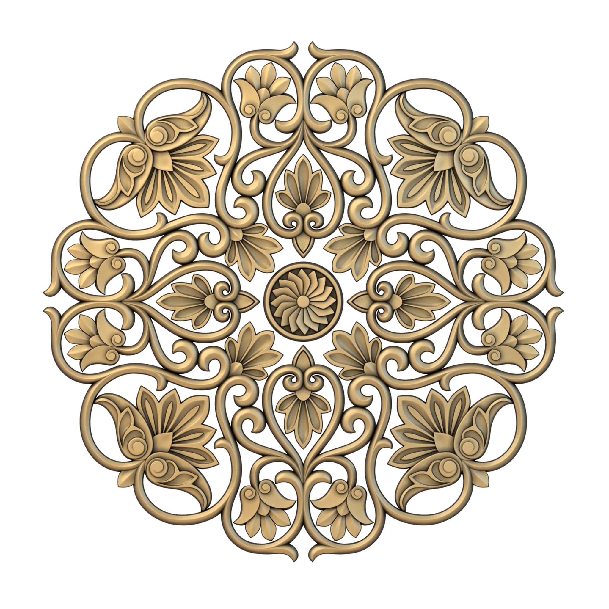 A gold colored mandala with lotus flowers in the design is against a white background.