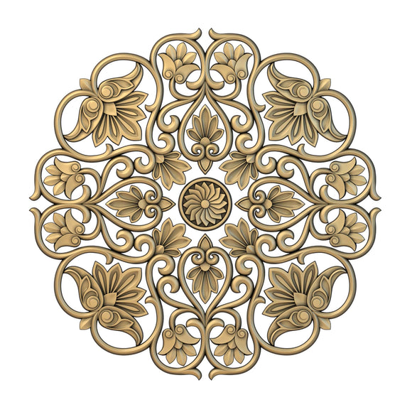 A gold colored mandala with lotus flowers in the design is against a white background.