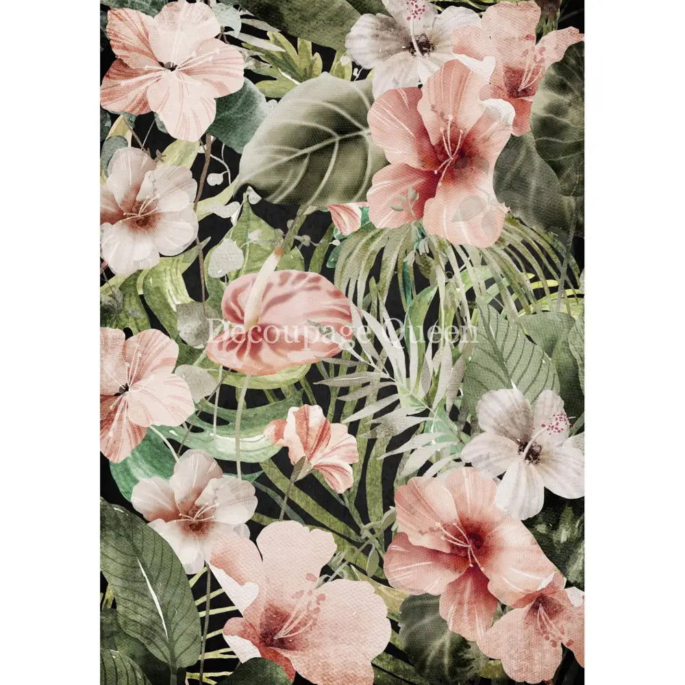 Rice paper that features pink hibiscus flowers and luscious tropical greenery against a black background. White borders are on the sides.