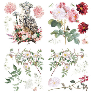 Rub-on transfer design that features 6 sheets of roses, small white flowers, and an owl queen are on a white background. At the top left corner is a transparent pink circle with white words that read: New arrival.