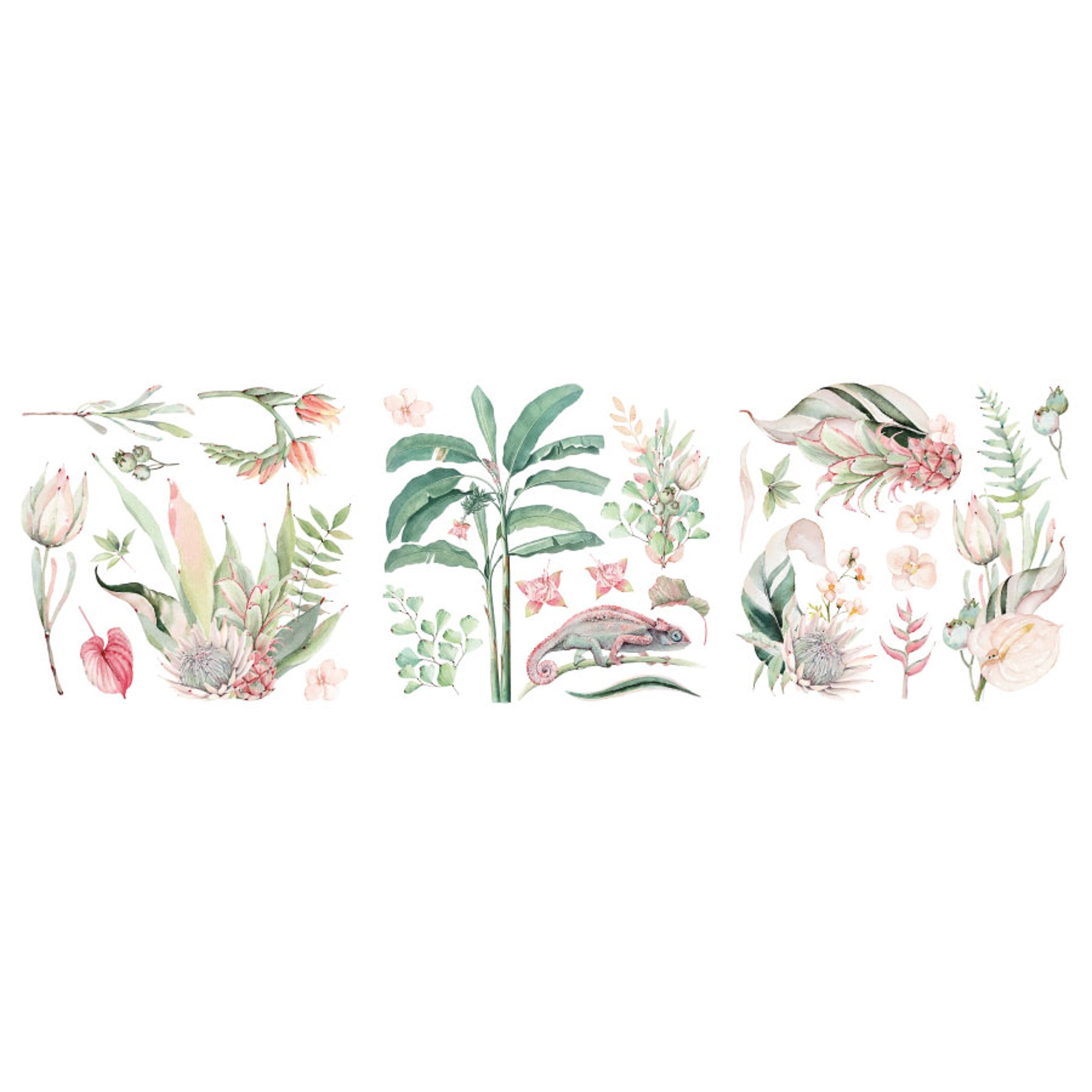 On a white background are three 12 x 12 inch sheets of small rub-on transfers featuring lush pink and green tropical foliage and a chameleon.