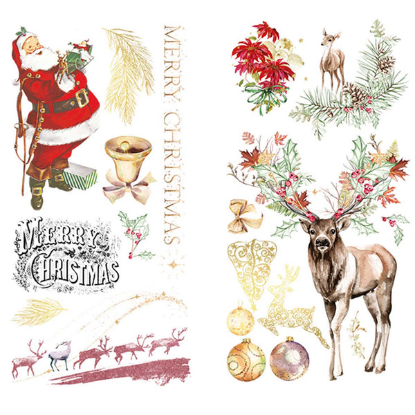 Rub-on transfers featuring classic Christmas elements like a vintage Santa, reindeer, and ornaments with gold accents are on a white background.