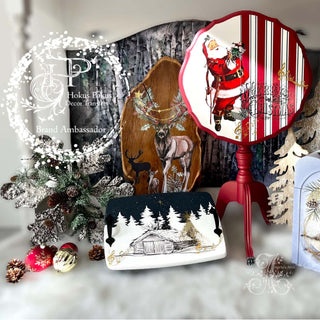 In a winter decor setting are some small wood craft projects that feature the When Christmas Comes furniture transfer created by Angela's Attic, a Hokus Pokus Brand Ambassador.