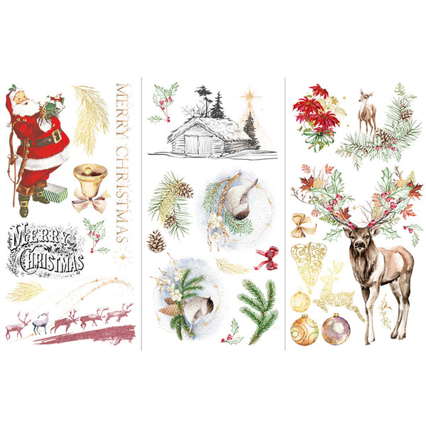 On a white background are 3 sheets of rub-on transfers featuring classic Christmas elements like a vintage Santa, reindeer, and ornaments with gold accents.