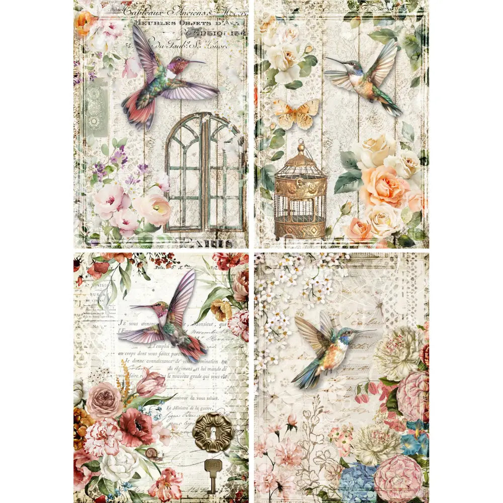 Four rice papers against a white background feature vintage documents with soft colored flowers and hummingbirds. 