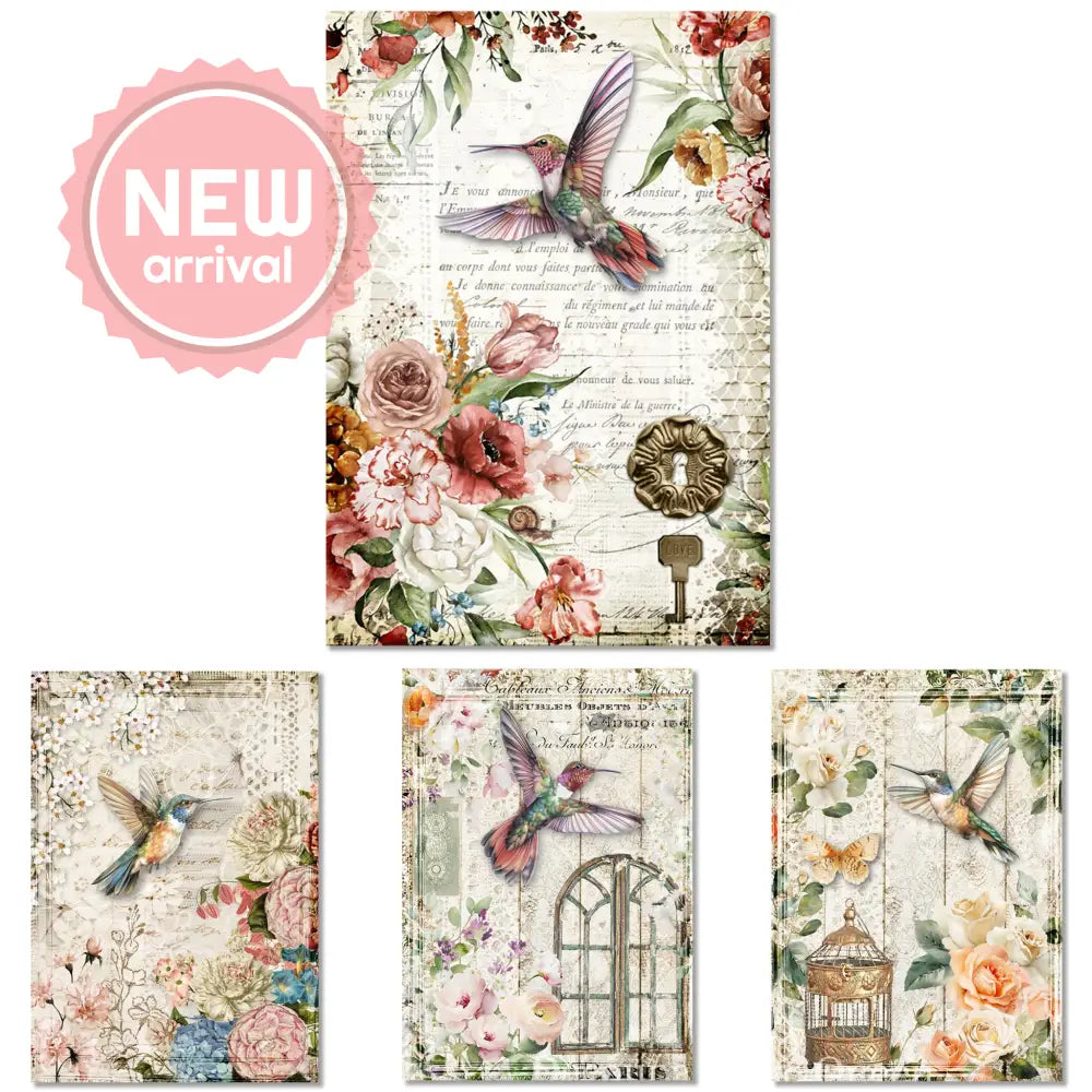 Four rice papers against a white background feature vintage documents with soft colored flowers and hummingbirds. 