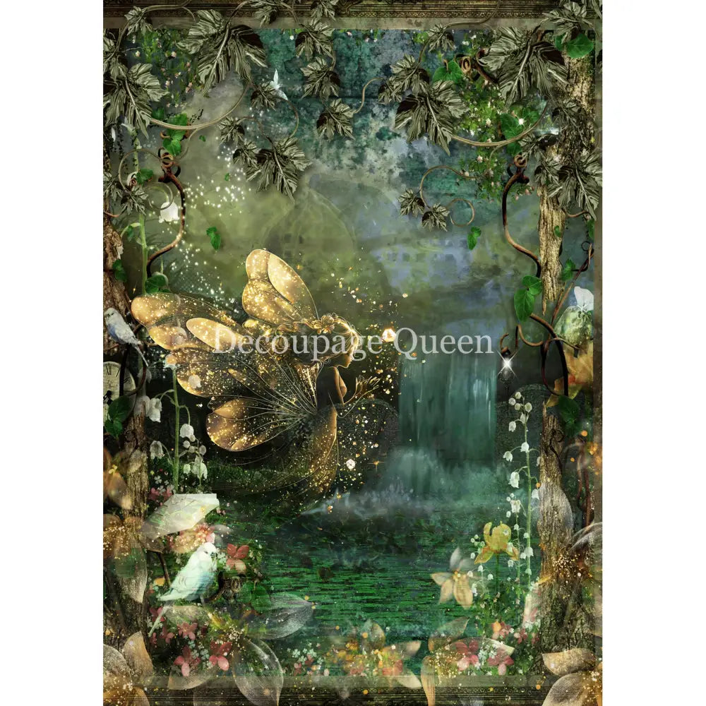 Rice paper design featuring a waterfall backdrop in a lush green forest and flowers, along with a delightful fairy and parakeet. White borders are on the sides.