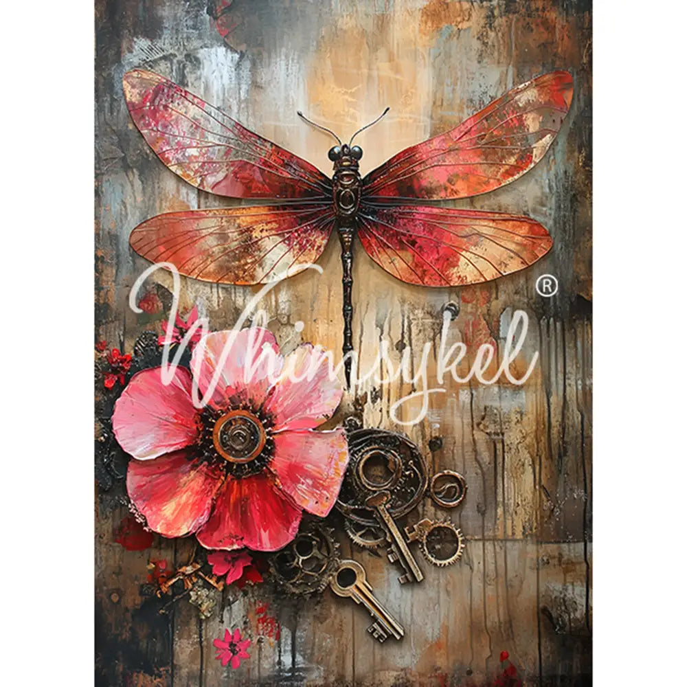 Tissue paper featuring a large pink flower, old metal gears, and a playful orange and pink winged dragonfly. White borders are on the sides.