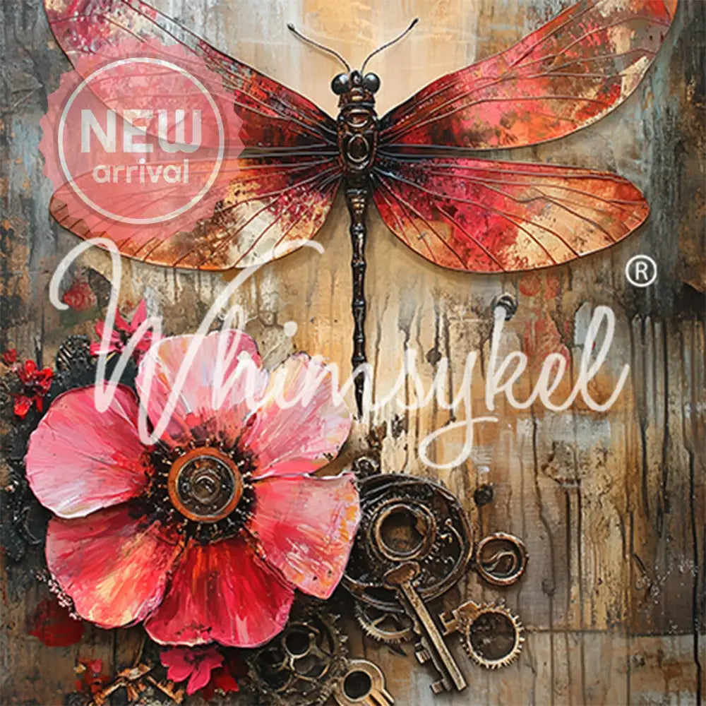 Close-up of a tissue paper featuring a large pink flower, old metal gears, and a playful orange and pink winged dragonfly.