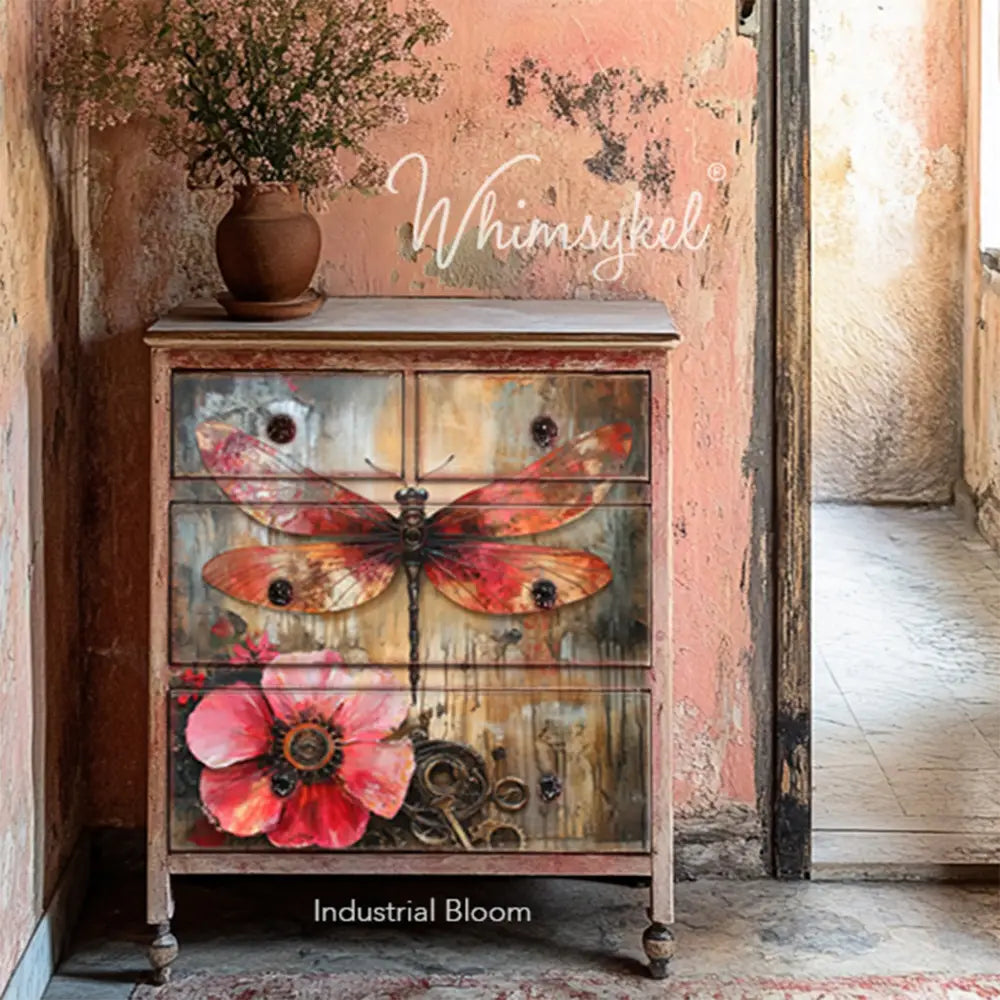 A vintage 4-drawer small chest dresser features Whimsykel's Industrial Bloom tissue paper on the front.