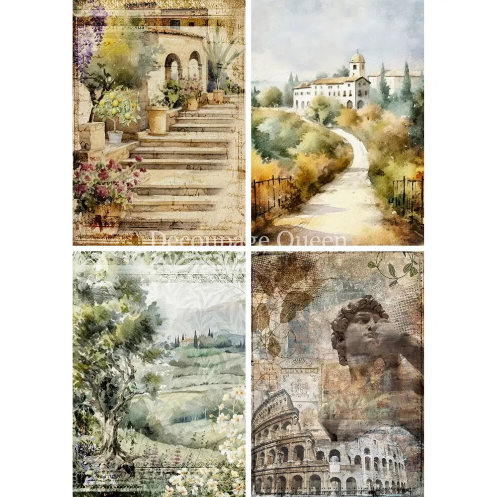 Four rice papers against a white background feature beautiful Italian countryside scenes. 