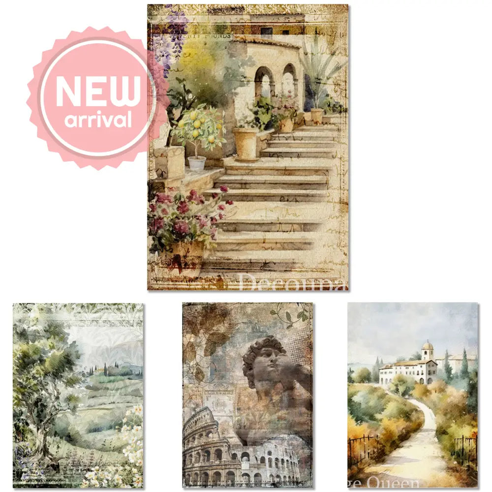 Four rice papers against a white background feature beautiful Italian countryside scenes. 