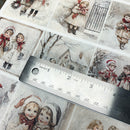 Collage of vintage-style illustrations of children in winter clothing with a ruler for scale.