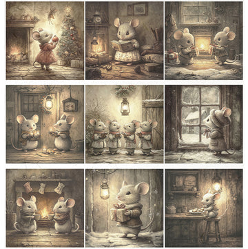 Illustrations of a mouse in various indoor settings with warm lighting.