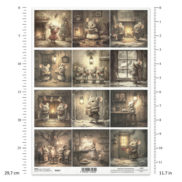 Illustrations of a mouse in various scenes with a measurement scale on the side.