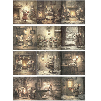 Illustrations of a mouse in various indoor settings with warm lighting.