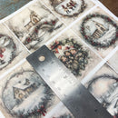 Sheet of Christmas-themed decoupage paper with winter scenes and wreaths, ruler for scale.