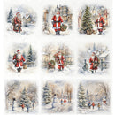 Collage of Santa Claus in winter scenes with snowmen and children.