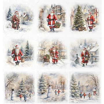 Collage of Santa Claus in winter scenes with snowmen and children.