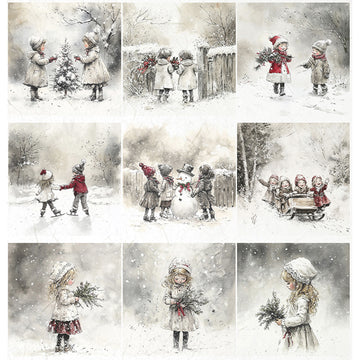 Set of Christmas images featuring children in a snowy landscape.