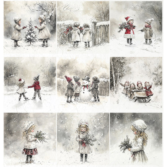 Set of Christmas images featuring children in a snowy landscape.