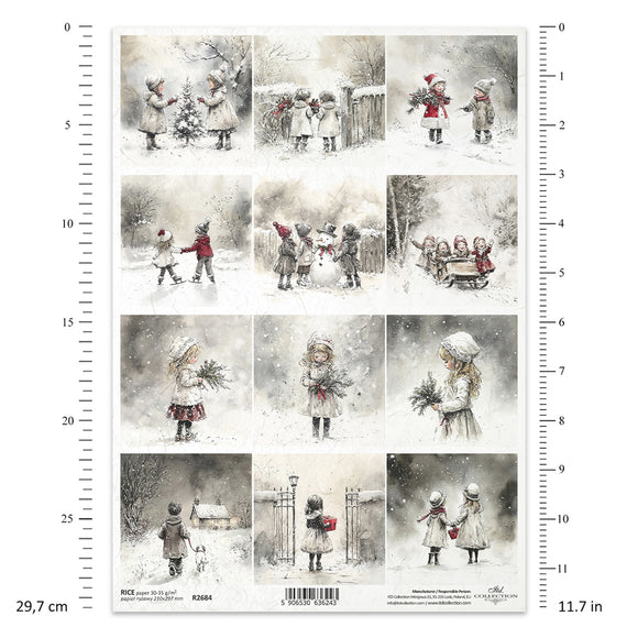 Collage of children playing in the snow with measurement scale on the side