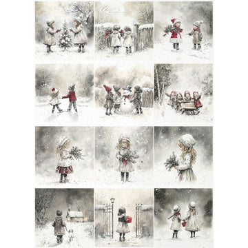 Collage of winter scenes with children in snowy settings