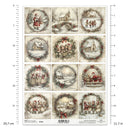 Sheet of Christmas-themed decoupage paper with winter scenes and Santa Claus, featuring a ruler for scale.