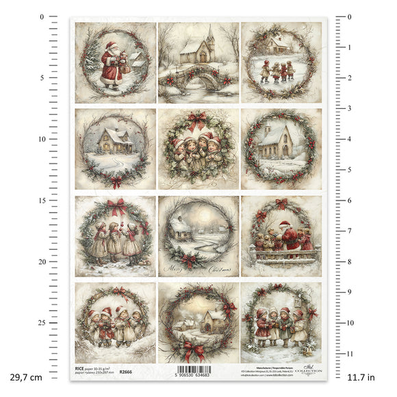 Sheet of Christmas-themed decoupage paper with winter scenes and Santa Claus, featuring a ruler for scale.