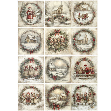 Collection of Christmas-themed illustrations featuring snowy landscapes, children, and Santa Claus.