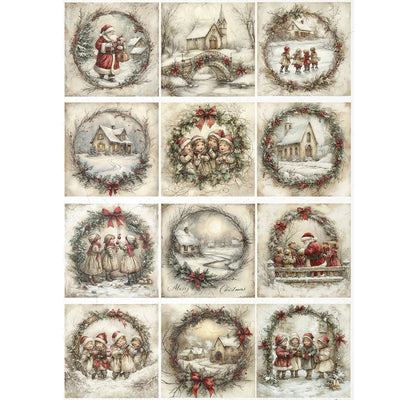 Collection of Christmas-themed illustrations featuring snowy landscapes, children, and Santa Claus.