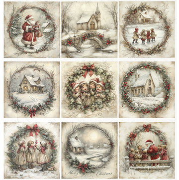 Set of nine Christmas-themed scenes with winter scenes, Santa Claus, and children.