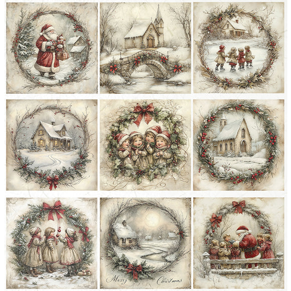 Set of nine Christmas-themed scenes with winter scenes, Santa Claus, and children.