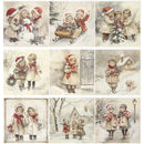 Set of nine vintage-style illustrations of children in winter scenes.