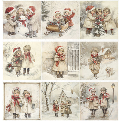 Set of nine vintage-style illustrations of children in winter scenes.