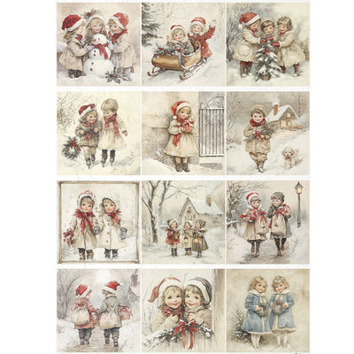 Collection of vintage-style illustrations of children in winter scenes.
