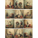Set of 12 vintage-style Christmas scene illustrations featuring toys and decorations.