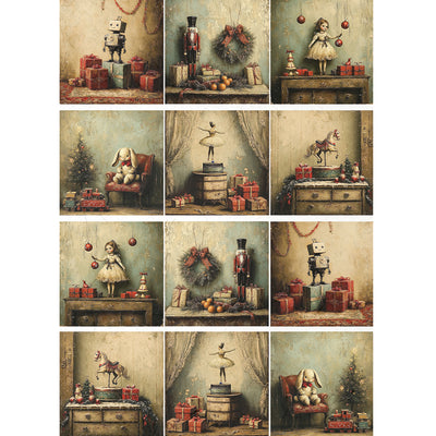 Set of 12 vintage-style Christmas scene illustrations featuring toys and decorations.