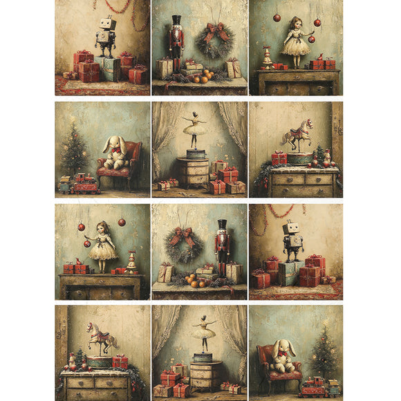 Set of 12 vintage-style Christmas scene illustrations featuring toys and decorations.