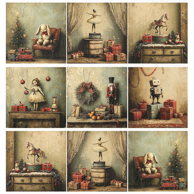 Collage of vintage-style Christmas scenes with toys and decorations.