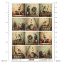 Set of 12 small illustrations of vintage-style scenes with toys and decorations, accompanied by a measurement scale.