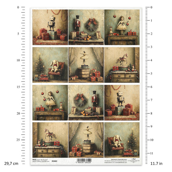 Set of 12 small illustrations of vintage-style scenes with toys and decorations, accompanied by a measurement scale.