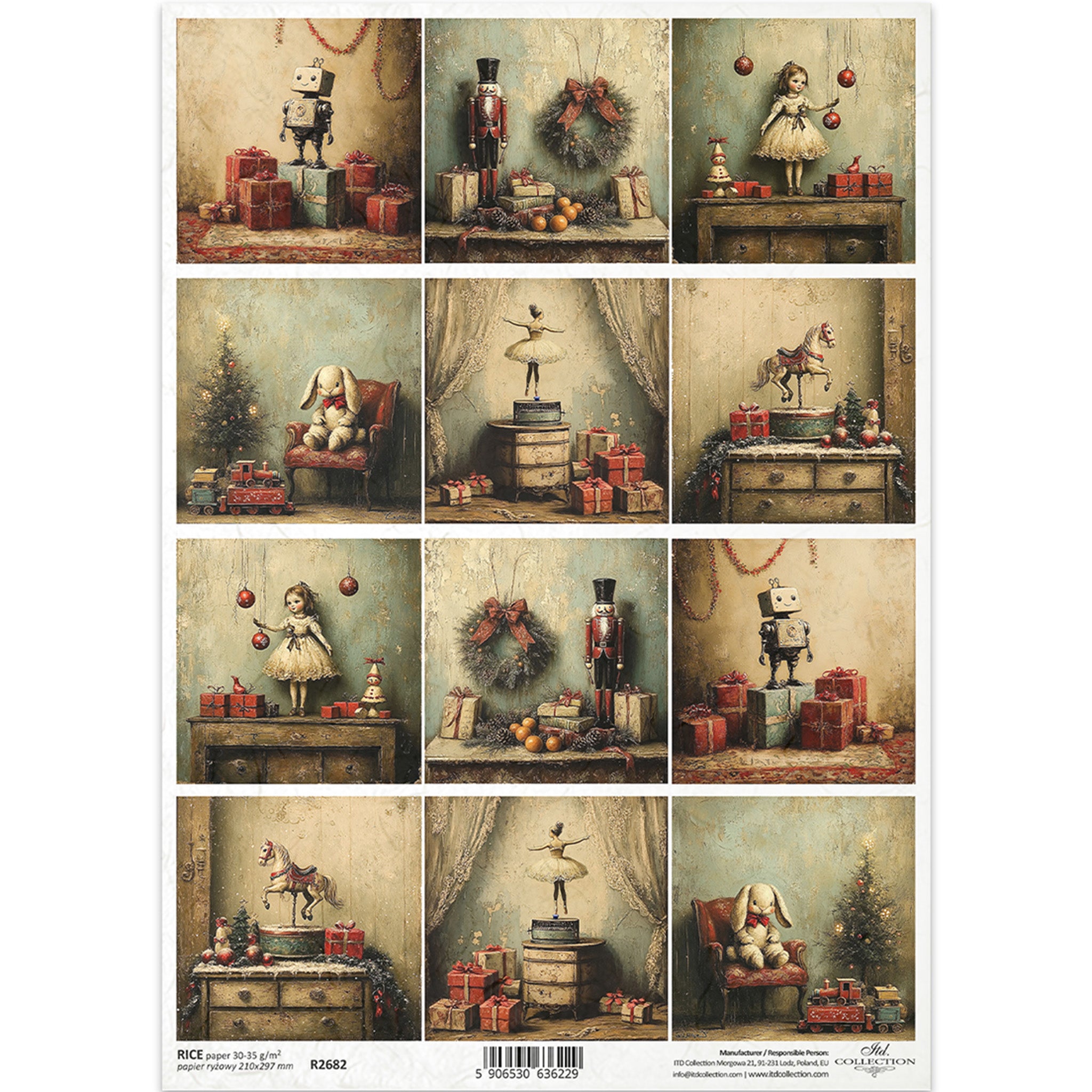 Collage of vintage-style Christmas-themed illustrations featuring toys, gifts, and decorative elements.