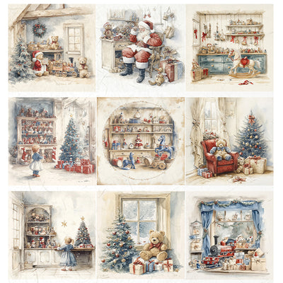 Set of Christmas-themed illustrations featuring Santa Claus, toys, and festive decorations.